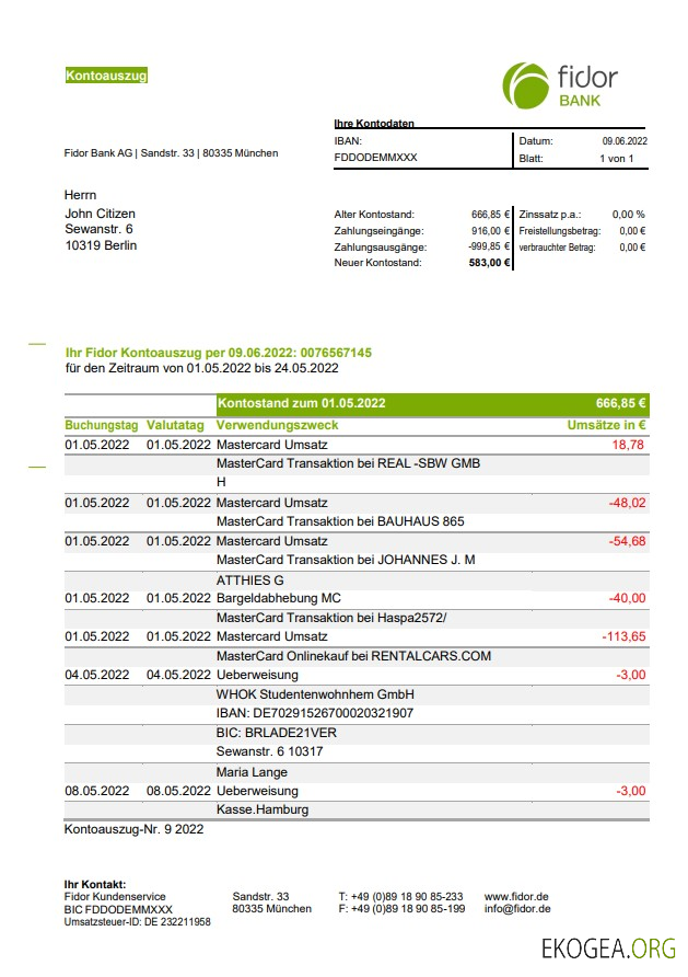 Relevé bancaire Fidor Allemagne template Relevé bancaire Fidor Allemagne template